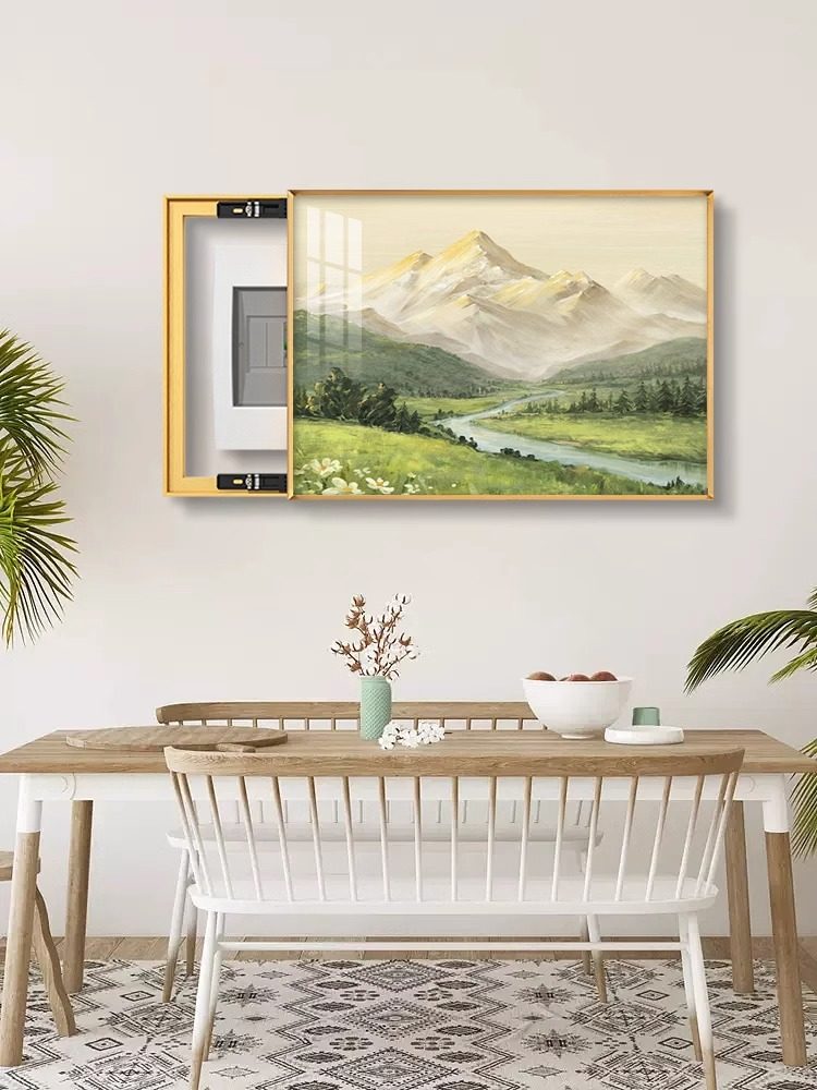现代简约餐厅电表箱装饰画日照金山水风景画遮挡电闸盒配电箱挂画