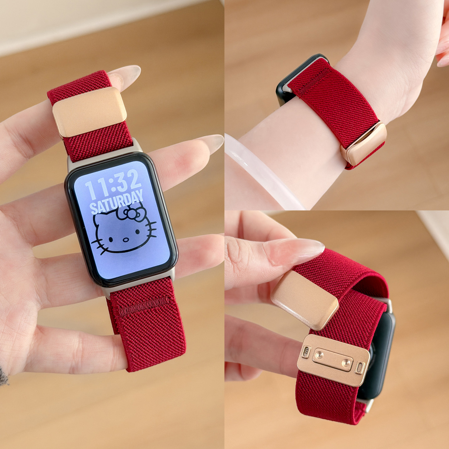 酒红色新款表带适用于小米手环9pro腕带小米8Pro平纹磁吸秋冬女款Watch6/5智能手表带4舒适耐用尼龙男金属扣