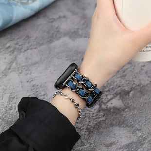 适用于applewatch10表带iwatch9 46mm秋冬女潮 7牛仔小香风小众高级感表带新款 8金属苹果s11手表链式
