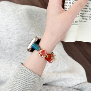 适用iwatch11表带原创景德镇陶瓷S10招财猫手工制作编绳腕带苹果applewatch手表带可爱新款8SE可调节手链4146