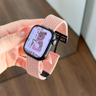 s6磁吸扣46mm高级感SE3代新款 8透气女款 新年粉色编织表带 尼龙编织适用iwatch苹果手表S11表带applewatch10