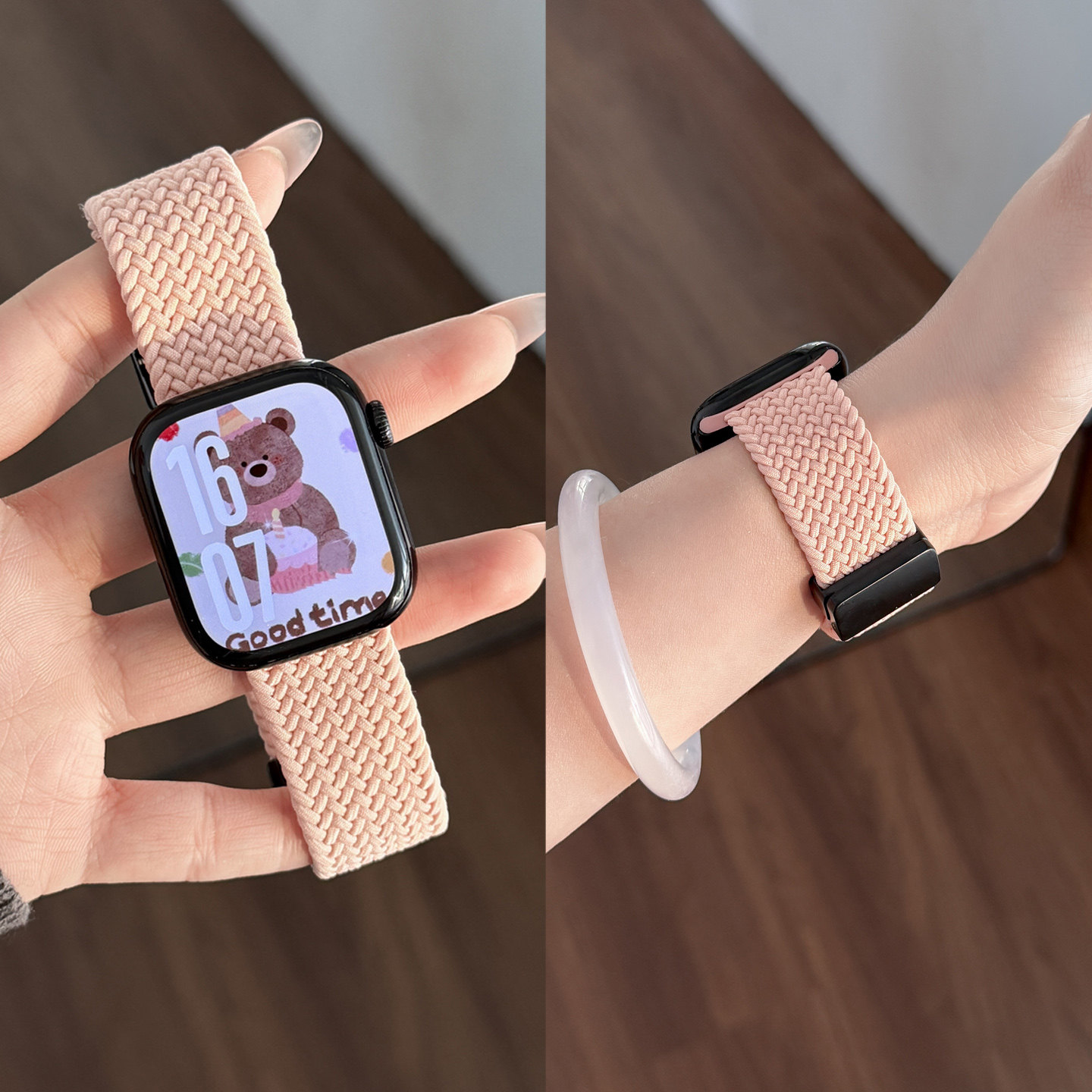 尼龙编织适用iwatch苹果手表S11表带applewatch10/9/8透气女款s6磁吸扣46mm高级感SE3代新款新年粉色编织表带