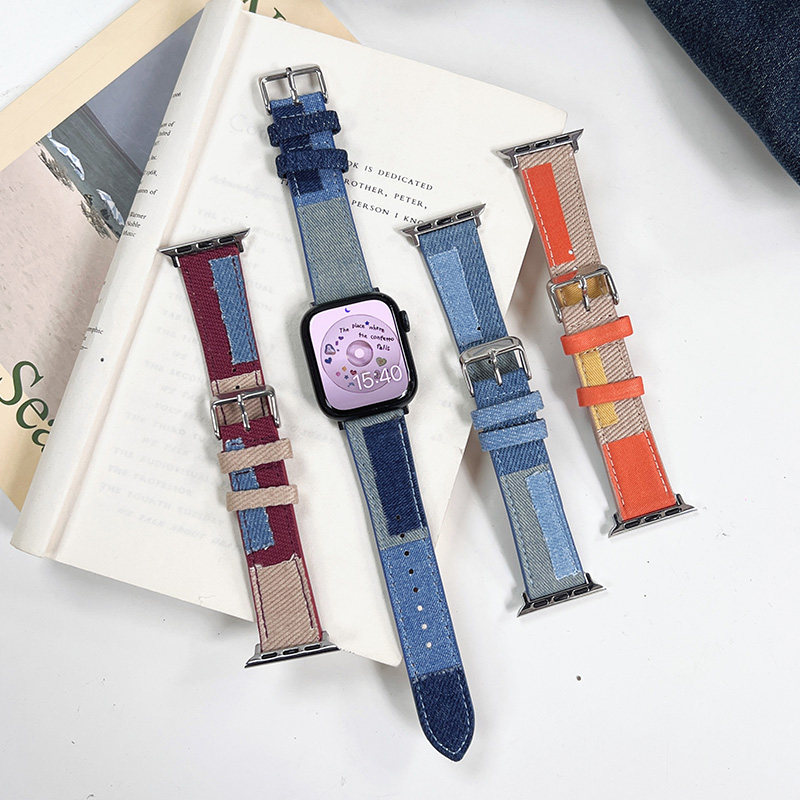 适用iwatch8苹果s10手表表带S9皮质applewatch7牛仔乞丐拼接SE高级感复古新款S6女款6小众创意42/44/46mm潮