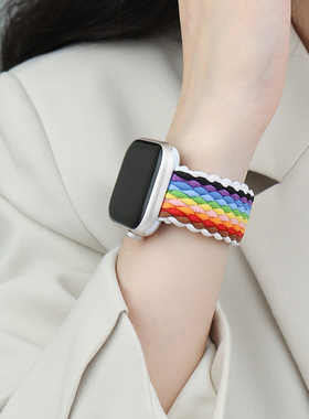 适用于apple watch11表带苹果S10手表编织iwatch8尼龙弹力表带ultra彩虹透气创意s9卡扣款42/46mm腕带男女潮
