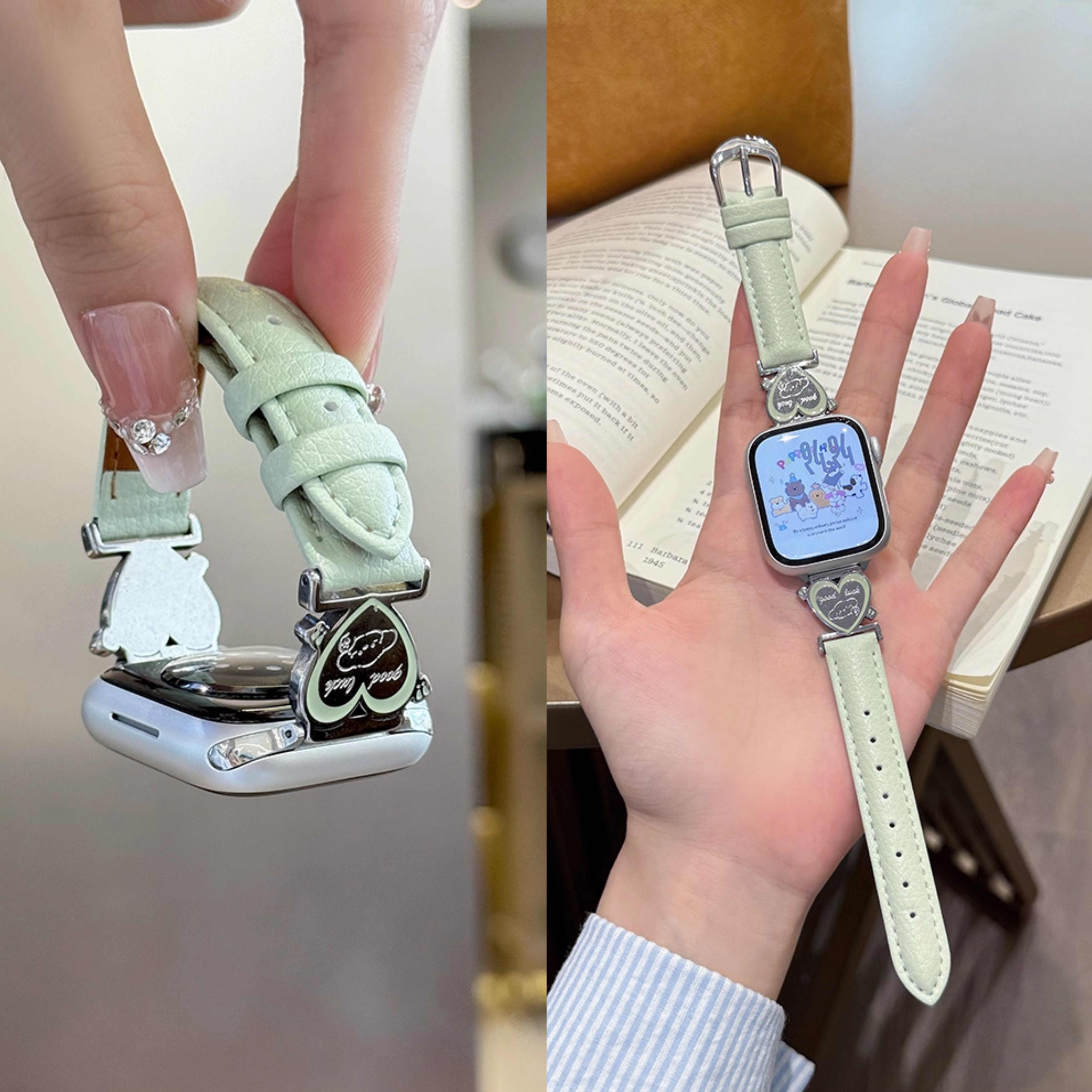 适用iwatch10苹果手表applewatch11表带s8爱心小狗荔枝纹拼皮百搭s10细款s9牛仔87女士654代SEUltra2新款替换