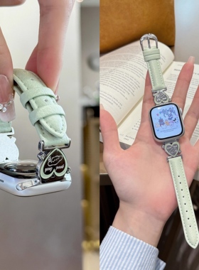 适用iwatch10苹果手表applewatch11表带s8爱心小狗荔枝纹拼皮百搭s10细款s9牛仔87女士654代SEUltra2新款替换