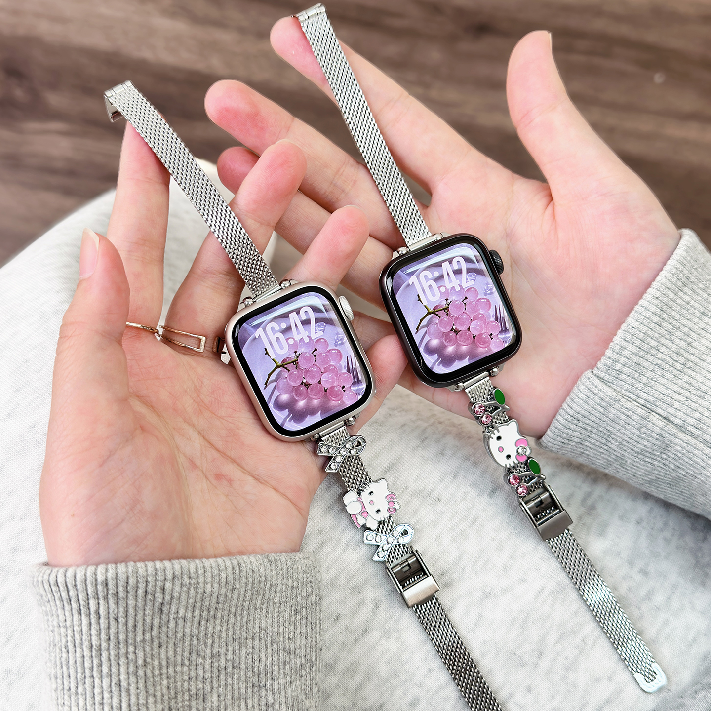 适用苹果applewatch手表带s10代KT猫细款手链金属iwatch表带新款可爱夏天透气麦穗镶闪钻9/8/7腕带女款4146mm