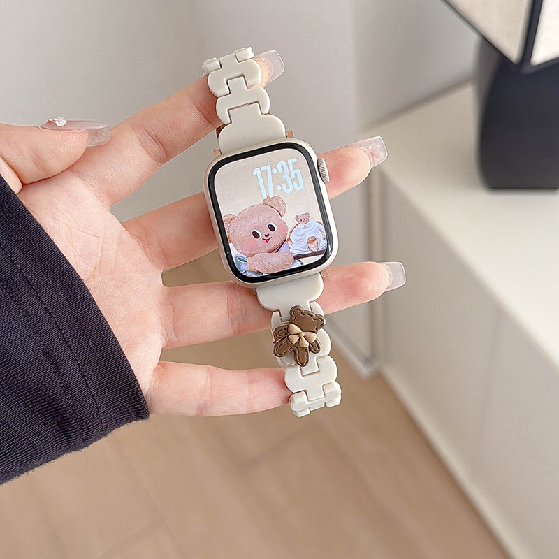 适用苹果手表s11/10表带iwatch秋冬可爱小熊透明树脂表链applewatch表带9/8/7高级感时尚新款女41/46mm小蛮腰