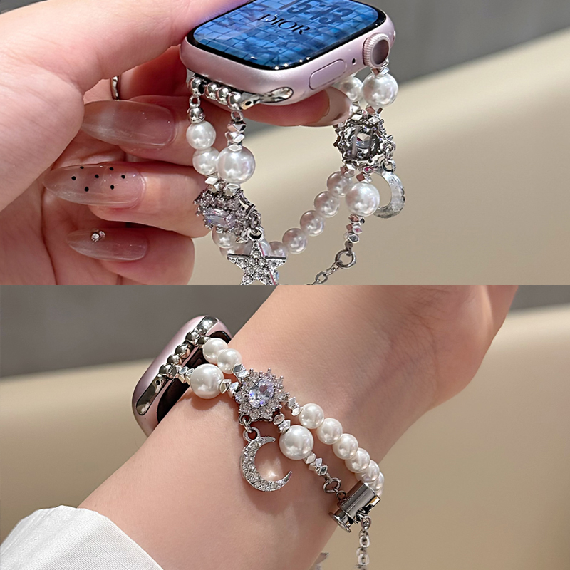 适用iwatch10表带S9苹果S8手表applewatch9珍珠表链8金属不锈钢夏季SE高级S6智能iphone腕带女款S7轻奢时尚41