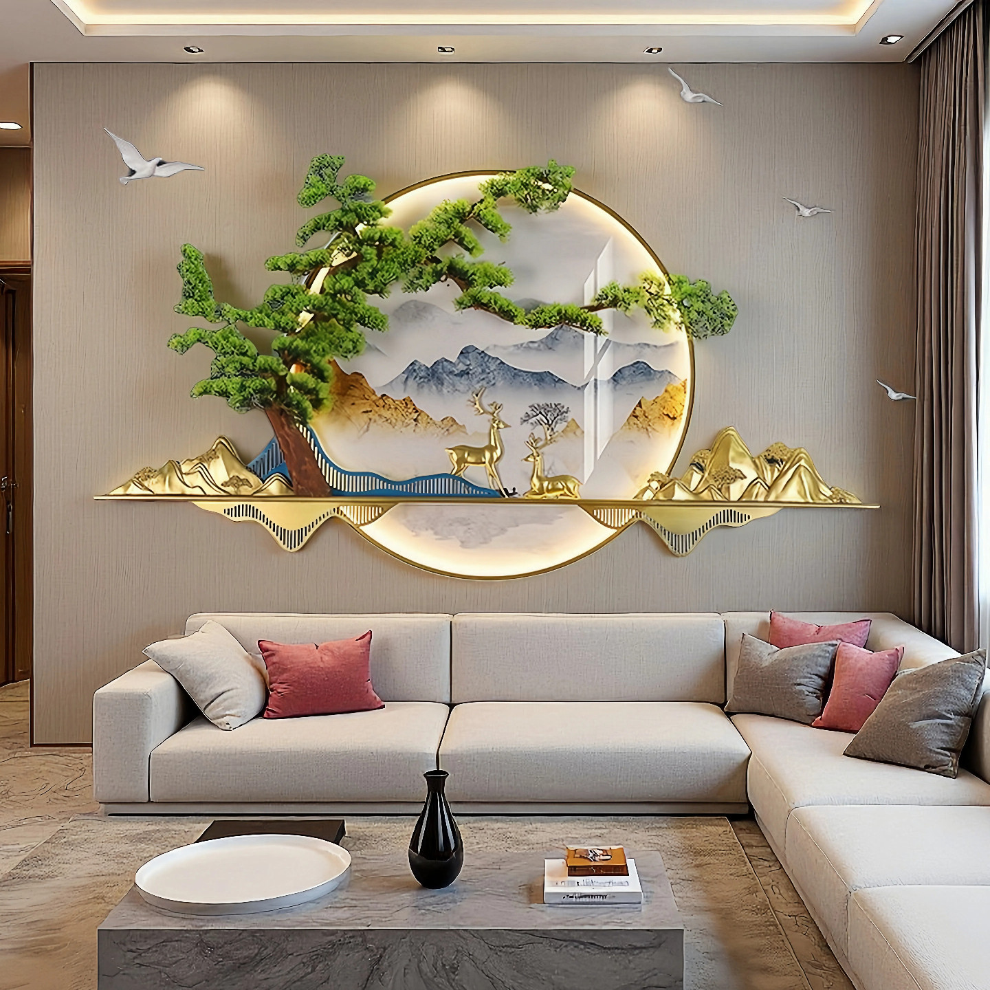 研拙客厅沙发立体3D装饰画带灯玄关过道电视旁背景墙迎客松壁挂画