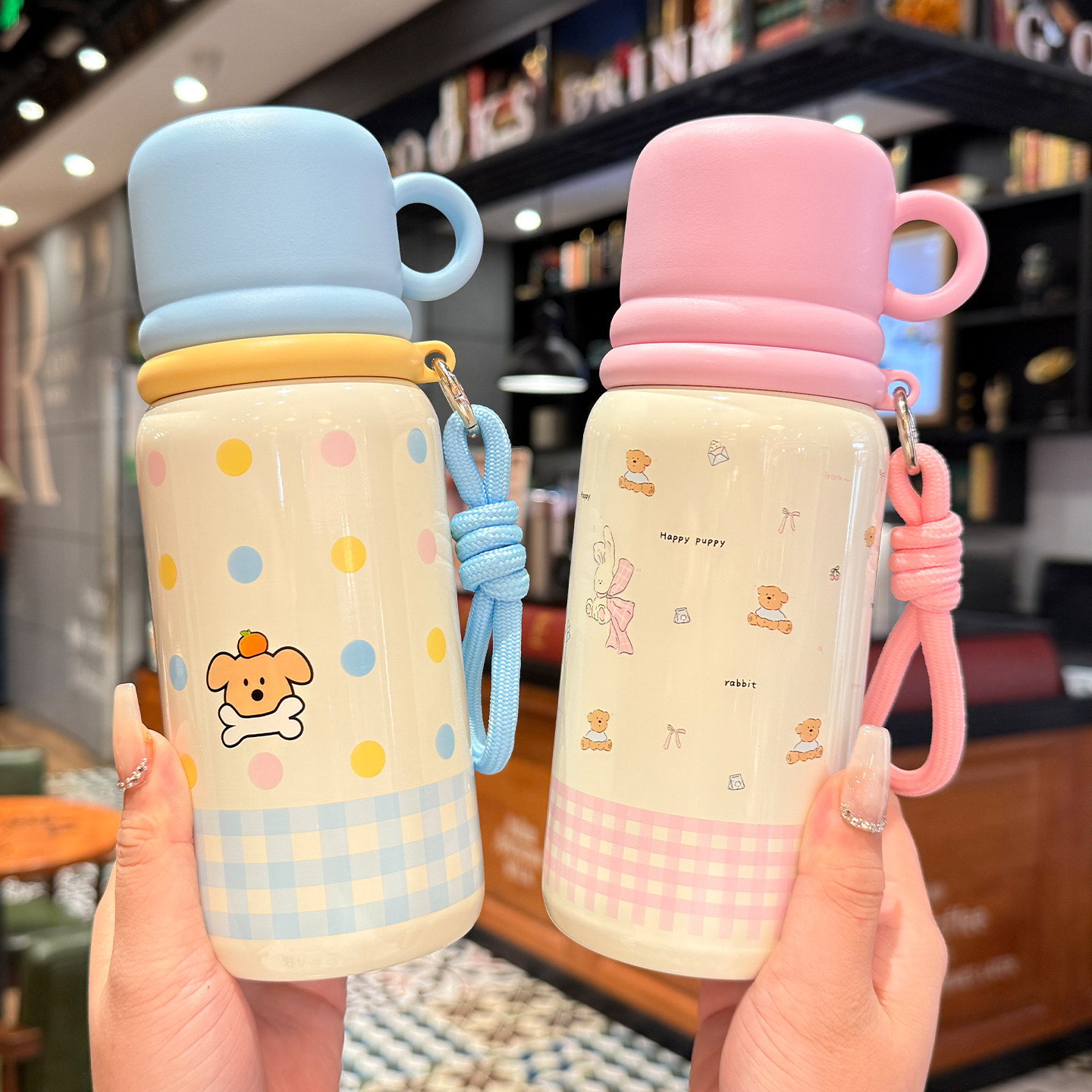 卡通保温杯女生高颜值双饮吸管杯