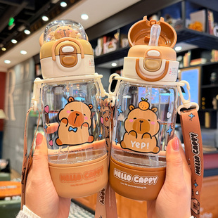 可爱卡皮巴拉儿童水杯男女孩学生上学专用吸管杯带盖一杯三饮杯子
