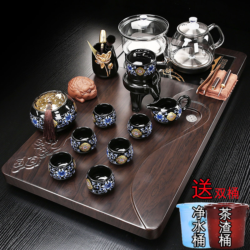 陶瓷整套茶具套装家用小茶台玻璃烧水壶一体加厚茶盘实木高档茶杯