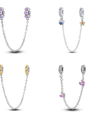 紫色鸢尾花胶塞安全链潘家风格DIY珠子饰品安全链配件铜镀银