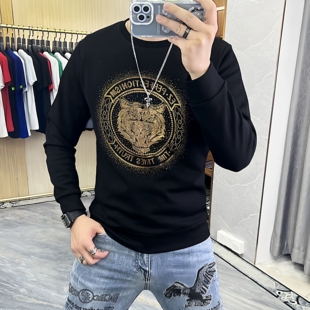 欧洲站潮牌圆领纯棉卫衣男款烫钻老虎头长袖体恤衫时尚打底衫上衣