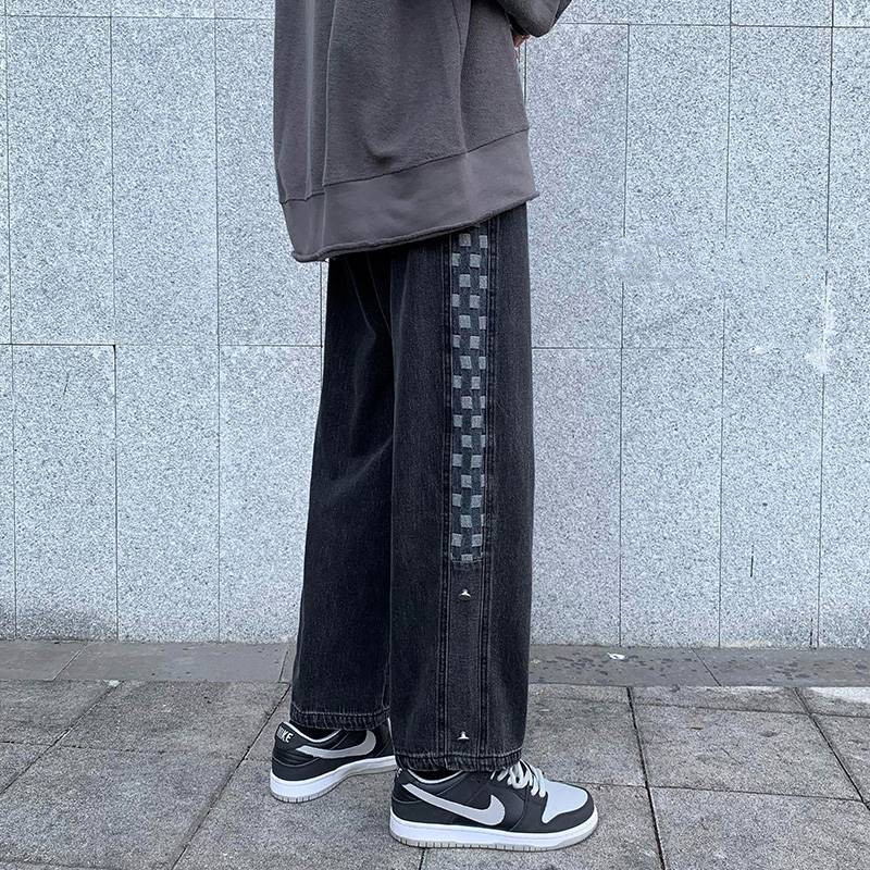 格子牛仔裤男2021年新款秋季潮牌高街老爹裤子春秋宽松直筒阔腿裤