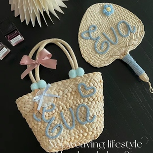 可定制字母 ins手提斜挎草编包