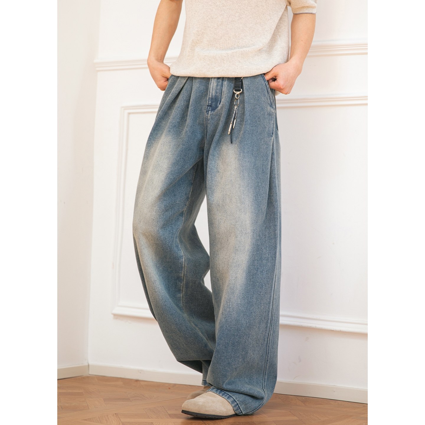 立体打褶水洗牛仔裤男2026春季宽松直筒渐变做旧美式复古休闲长裤,男装,牛仔裤,淘宝优惠券,粉丝福利购,淘宝优惠卷