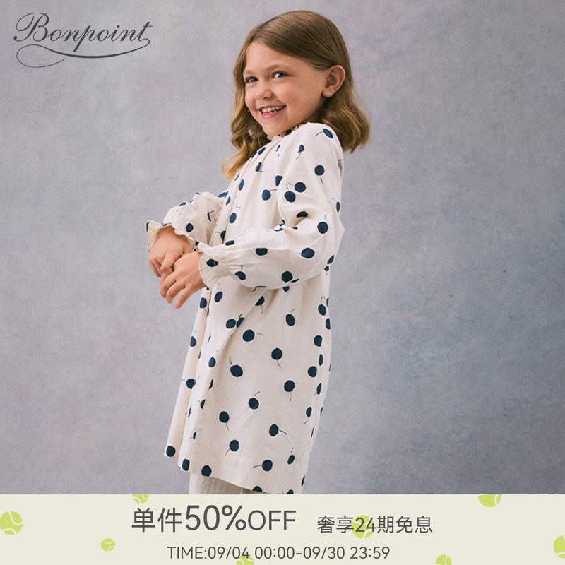 秋冬女大童波点樱桃长袖连身裙Bonpoint童装图片