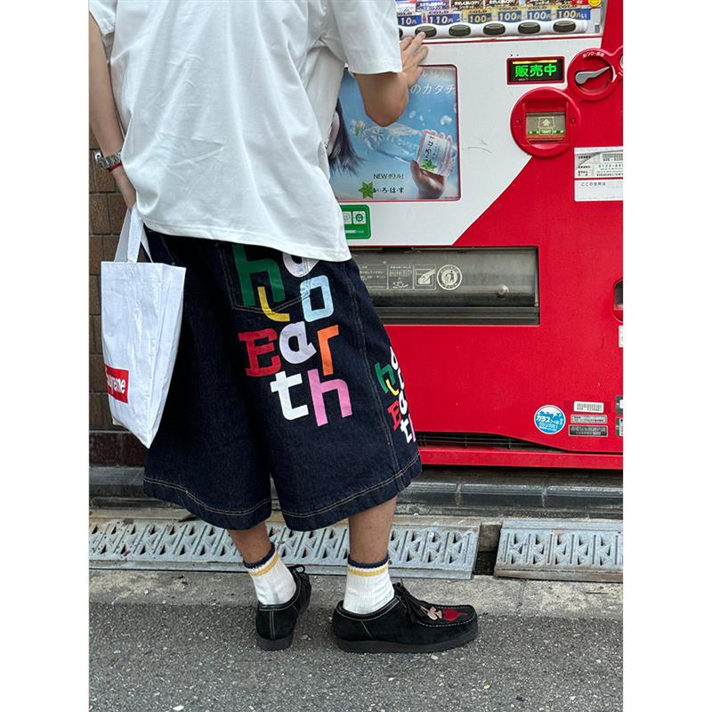 EAHO自制彩色印花水洗七分牛仔短裤男女直筒宽松阔腿裤夏季新款