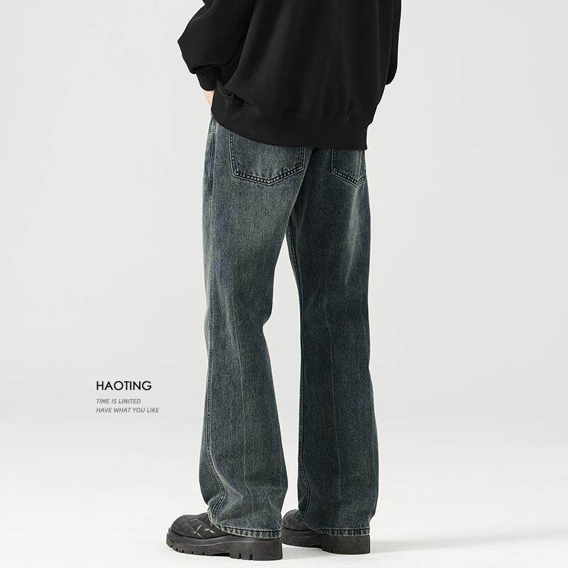 豪霆.微喇叭复古水洗牛仔裤春秋季男士休闲宽松直筒潮流阔腿长裤