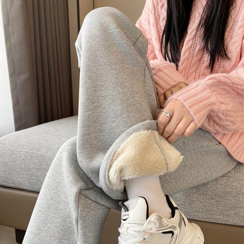 加绒运动裤女秋冬羊羔绒裤子冬季加厚女裤东北棉裤直筒灰色卫裤冬