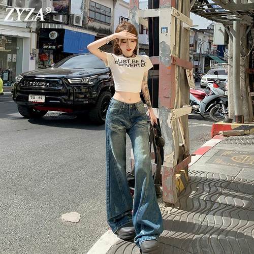 ZYZA旗舰店美式复古低腰牛仔裤女秋冬新款喇叭春秋阔腿裤子微喇裤