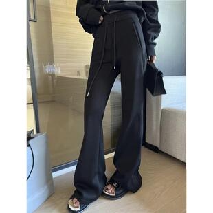 女秋冬显瘦剪裁婴儿绒加厚瑜伽喇叭裤 黑色美式 加绒高腰垂感运动裤