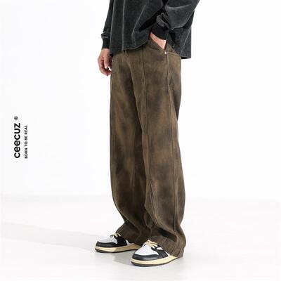 Ceecuz美式复古做旧dirtyfit直筒休闲裤男春秋款擦脏宽松阔腿长裤