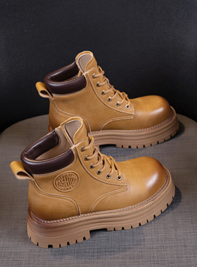 真皮厚底马丁靴女2025年新款秋冬季加绒短筒靴单靴复古大黄工装靴