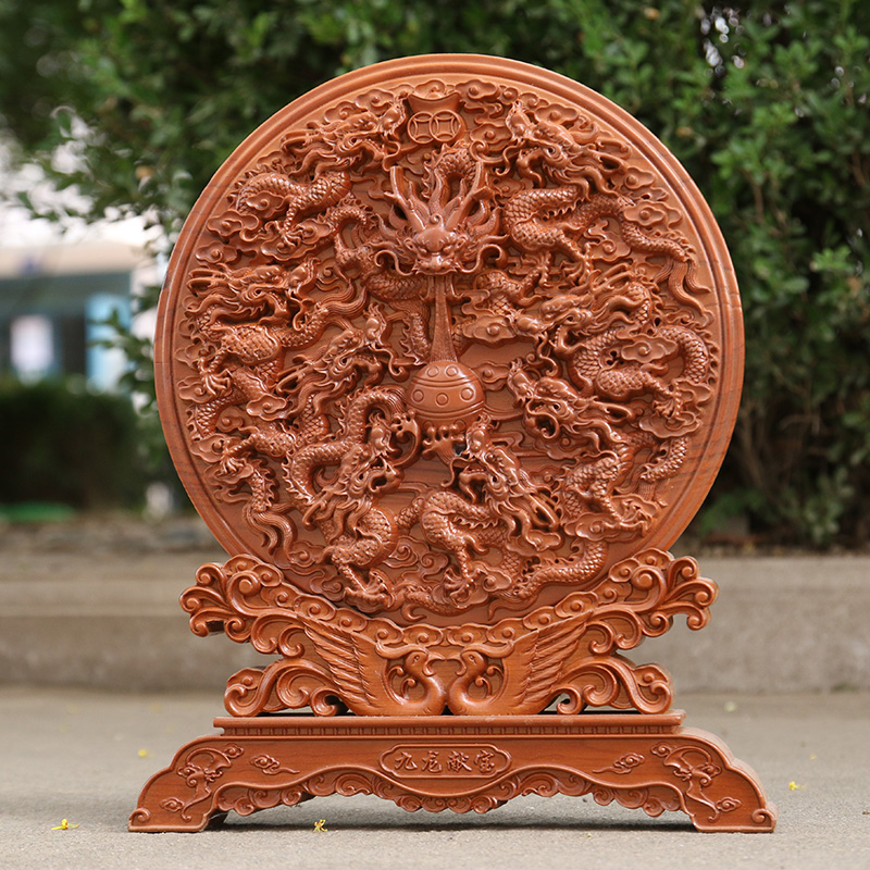 桃木九龙献瑞九龙壁九龙戏珠木雕摆件客厅商铺镂雕九龙图九龙壁