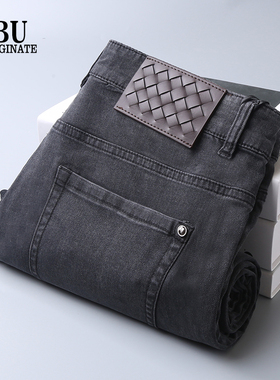 BU夏季新款薄款牛仔裤男士直筒中腰商务修身柔软弹力深灰色长裤男