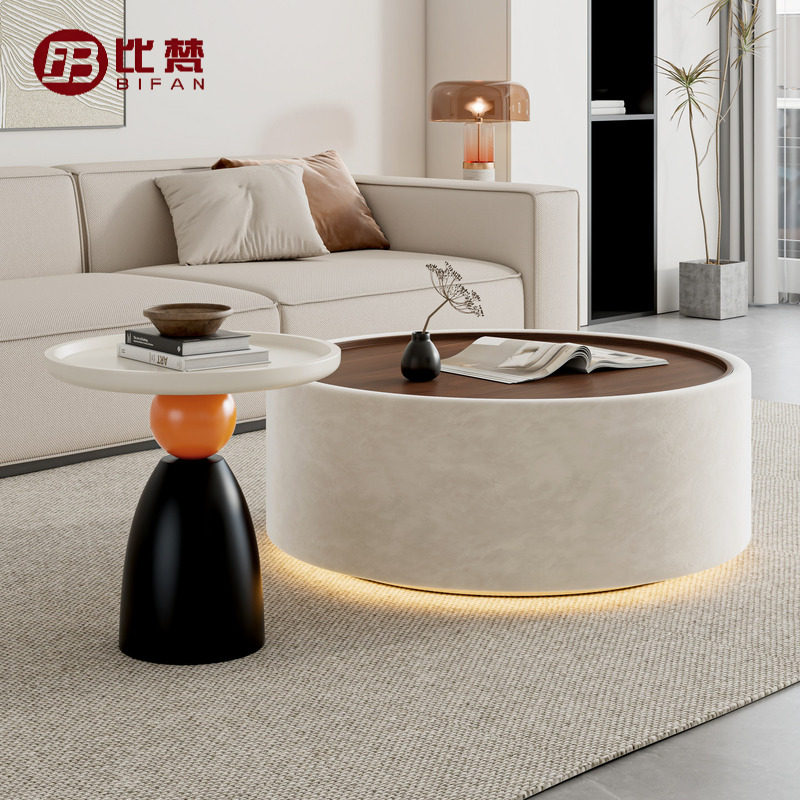 意式茶几客厅家用圆形带灯茶几桌组合小户型轻奢高级感设计师桌子