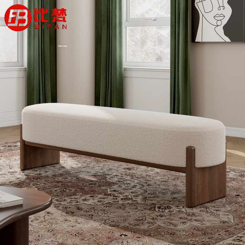 羊羔绒换鞋凳门口家用实木长条凳入户门轻奢高级感坐垫意式玄关凳