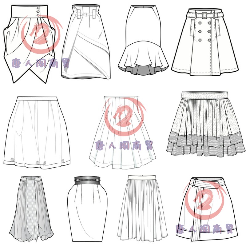 服装款式图女装半身裙A字群百褶裙短裙款式图款式设计临摹素材图