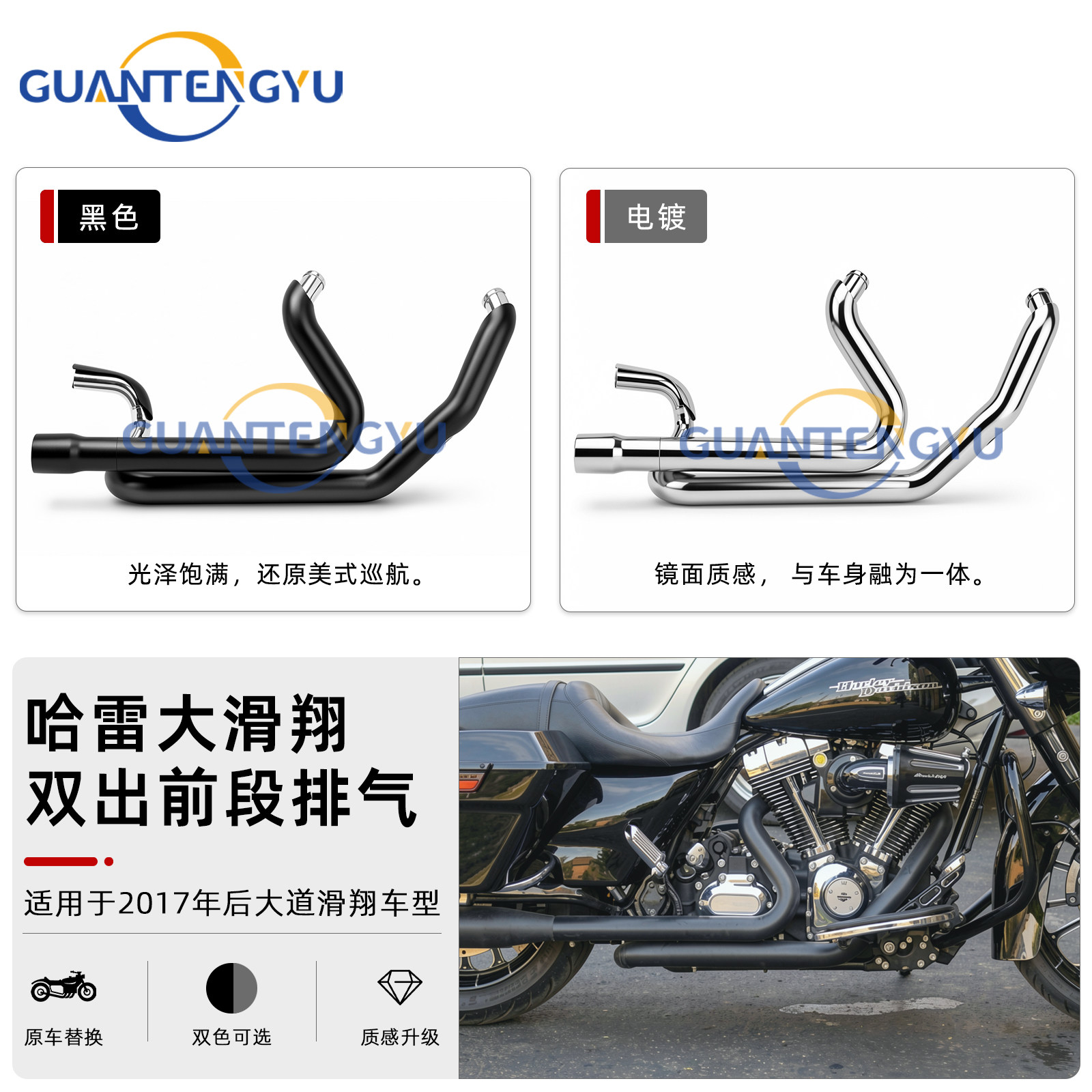 适用哈雷大道滑翔双灯公路滑翔改装前段排气 双出排气管17-26年