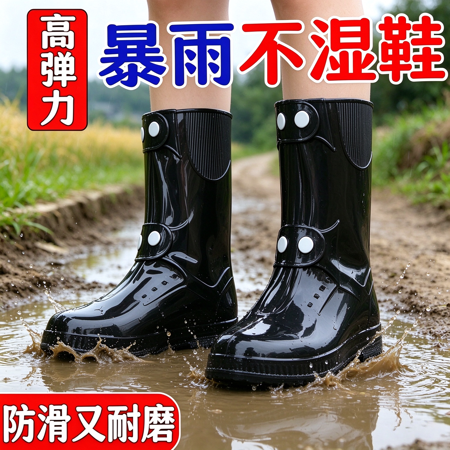 男女双排扣防水雨鞋一体成型高筒雨靴防滑耐磨户外通勤防雨胶靴