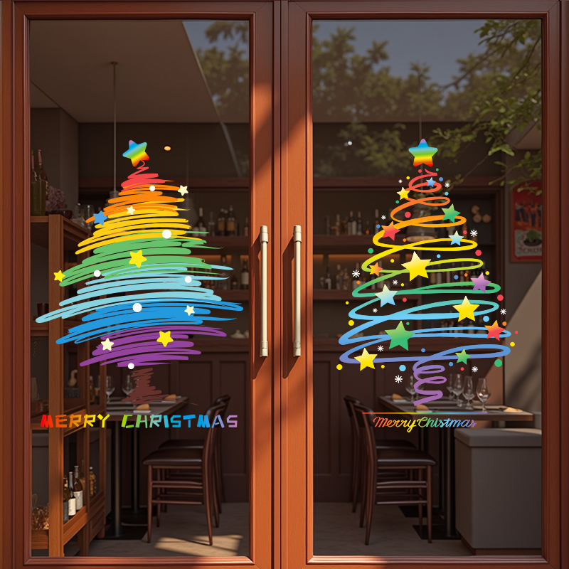 圣诞节装饰玻璃门贴纸彩虹圣诞树礼物店铺橱窗贴画整张静电贴布置