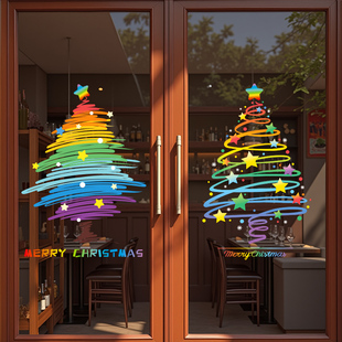 圣诞节装 饰玻璃门贴纸彩虹圣诞树礼物店铺橱窗贴画整张静电贴布置