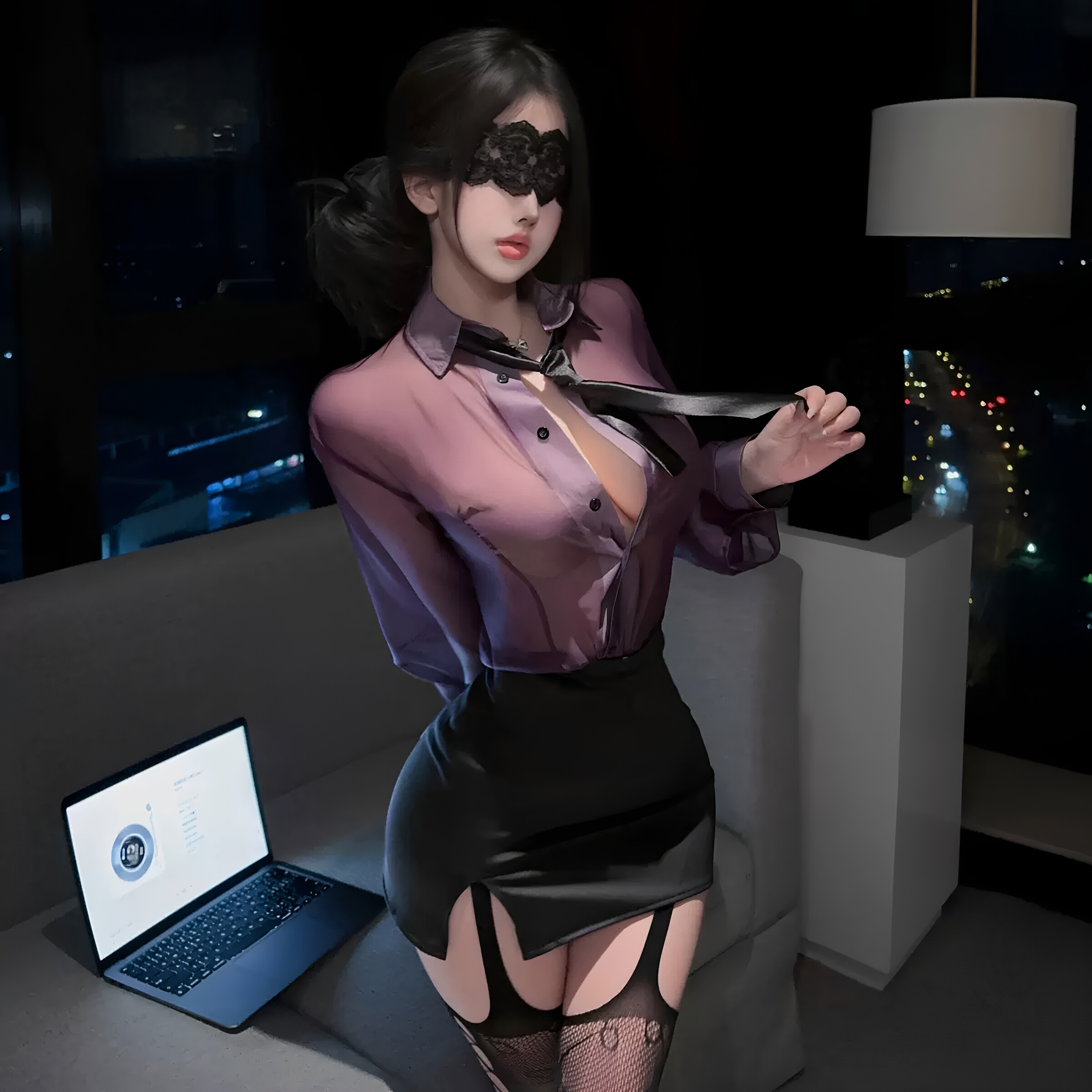 麻辣教师紫色衬衫两件套