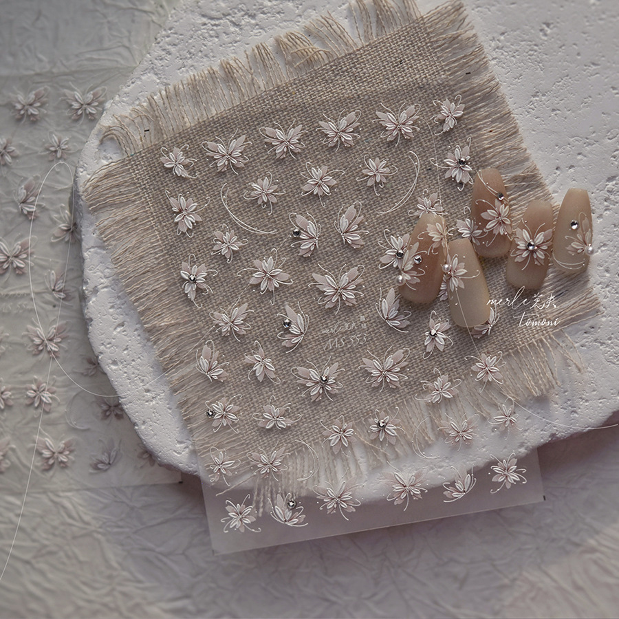 秋冬美甲贴纸晶钻蝴蝶仙气彩绘花朵美拉德浮雕花朵贴花闪钻指甲贴