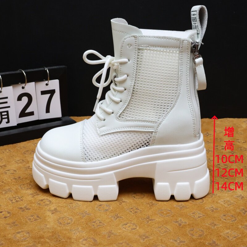 真皮英伦风白色网纱马丁靴女厚底内增高10-14cm透气小个子短靴12