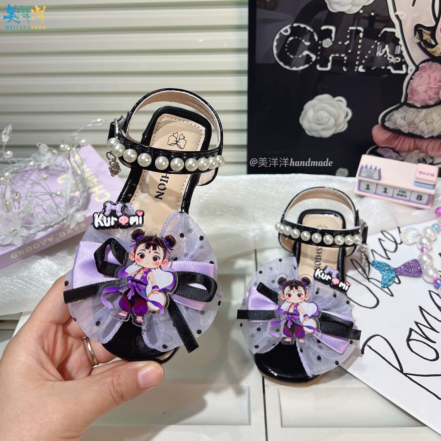 儿童黑色高跟罗马凉鞋女童夏季2026新款蝴蝶结水晶公主鞋女孩宝宝
