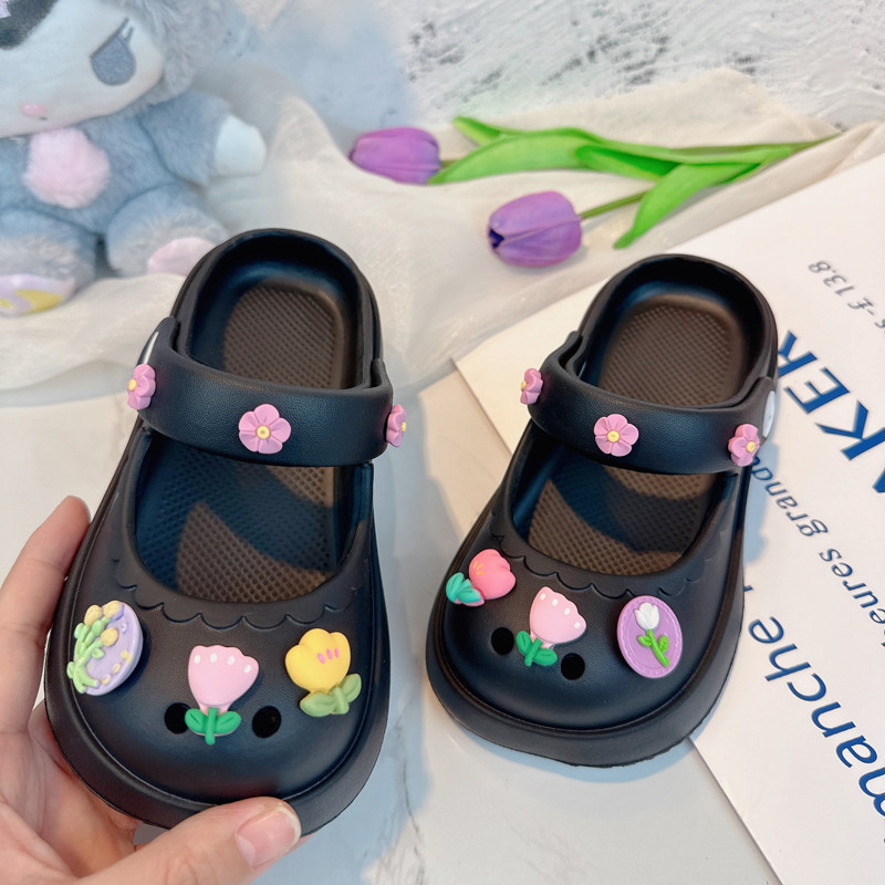 女童夏季一体拖鞋女2025新款儿童黑色玛丽珍洞洞鞋eva材质外穿夏