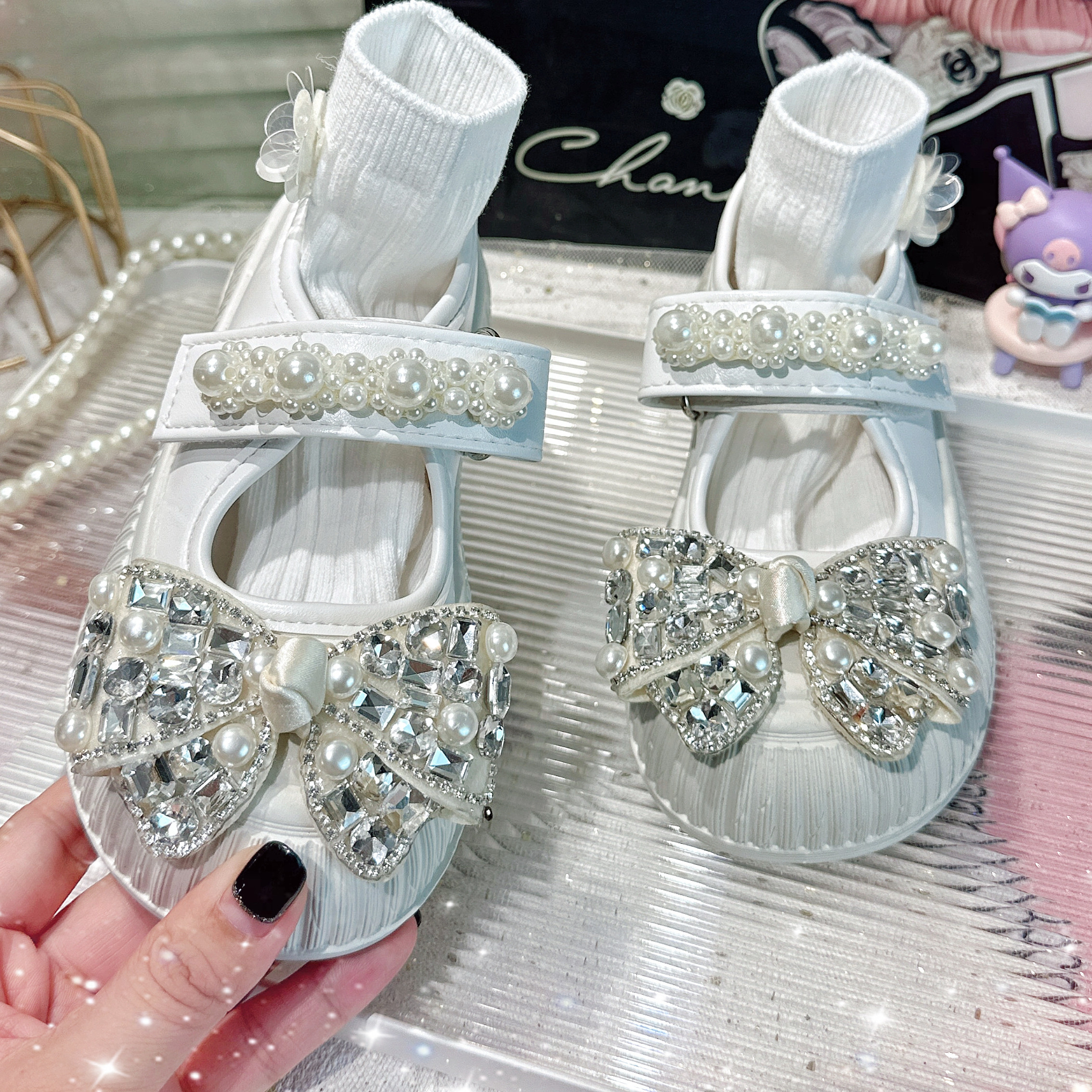 女童白色水钻玛丽珍帆布鞋春秋