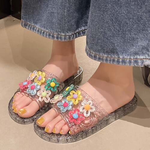 水晶一字拖女士花朵夏季透明速干防臭平底凉拖浴室居家拖鞋夏时尚