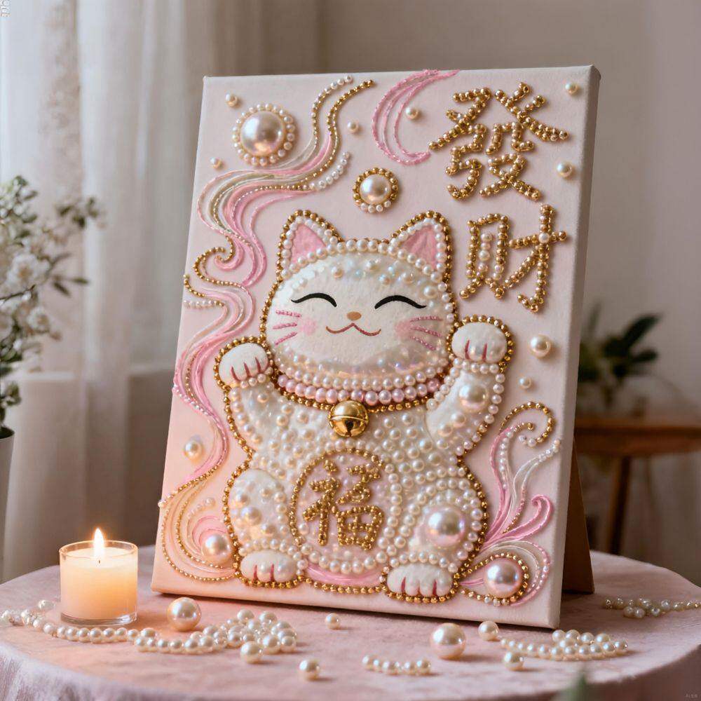 发财猫珍珠画diy手工钻石画招财进宝桌面摆件装饰画送朋友礼物