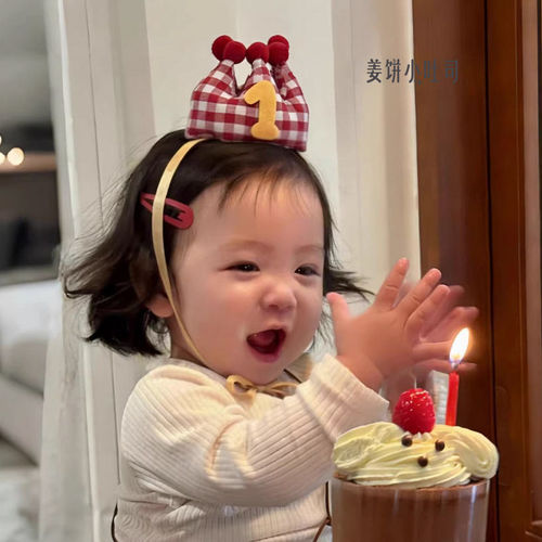 女宝韩风数字生日帽手工布艺格子皇冠男女孩一周岁可爱发饰头饰
