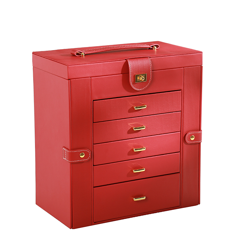 红色收纳盒高档五层大容量首饰箱戒指项链手镯手表化妆品珠宝箱