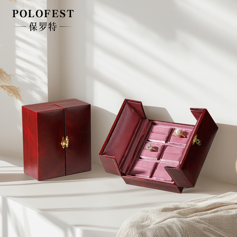 POLOFEST复古首饰盒双开门欧式6位戒指收纳盒高档吊坠珠宝收纳盒